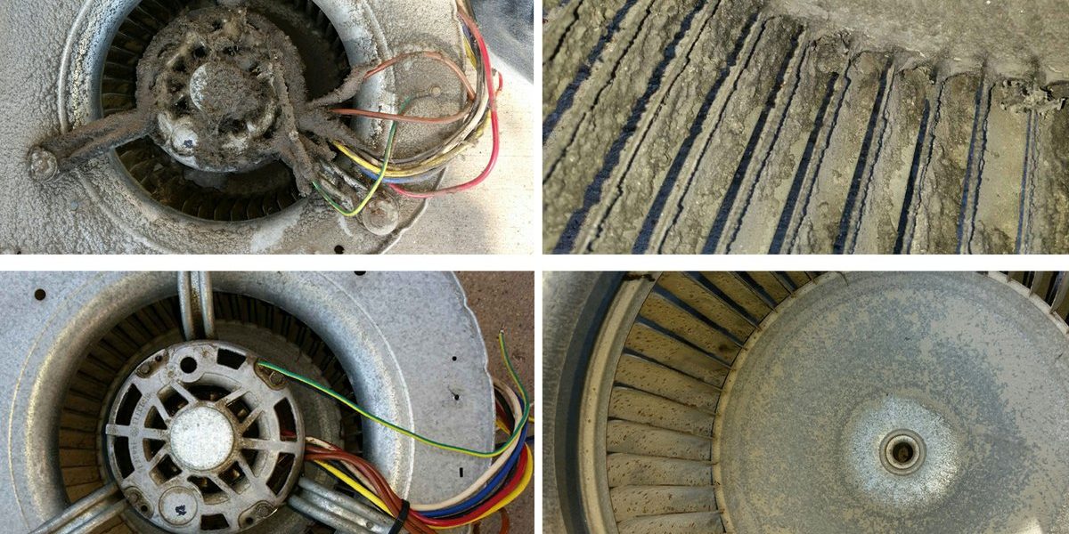 Before and after of a blower wheel. This can be prevented by regular